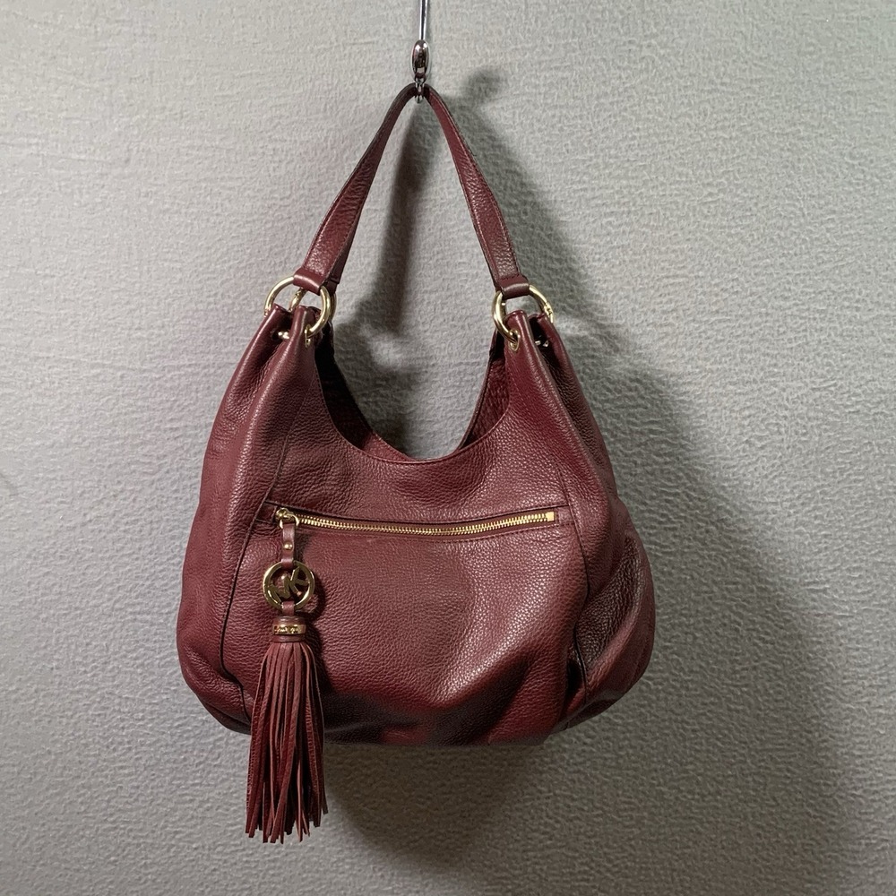 Michael Kors Wine Red Pebbled Leather Shoulder Hobo Bag Large Purse Tassel